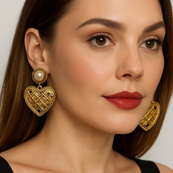Cabi Gold Heart Post Drop Earrings – Vintage Inspired - Picture 1 of 5